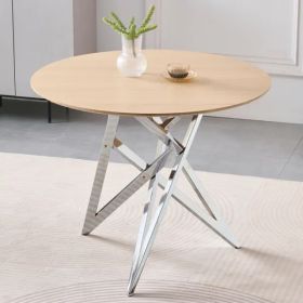 37Inch Round Dining Table, Small Round Kitchen Table With Silver Metal Legs, Suitable For 2 To 4 People, Modern Dining Room Table, Burlywood.