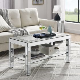 W 40 X D 20X H 20 Curved Border Carved Mirror Coffee Table Silver Mirror Glass Tabletop With Sparkling Diamond Edge Frame And Crystal Mirror Legs, Sma