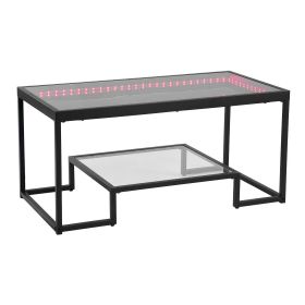 VEVOR Coffee Table, Modern Tempered Glass Coffee Table with Lighting, 2 Tiers Rectangle Glass Center Desk with Open Storage