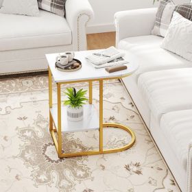C-shaped Modern Sofa Side Table with Faux Marble Tabletop and Storage Shelf (Color: White)