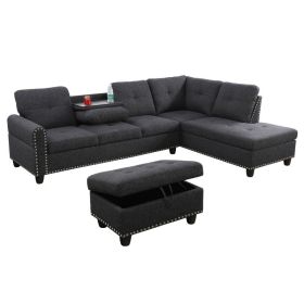 Black Grey Linen 3-Piece Sofa Living Room Sofa Set (Option: 3PCS)